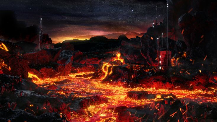 the lava is glowing red and yellow as it moves through the night sky with bright lights