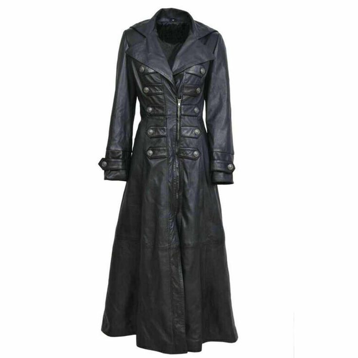 Women Black Genuine Leather Trench Military Long Coat Fall Military Leather Outerwear, Military Style Leather Outerwear For Fall, Winter Military Leather Outerwear, Black Double-breasted Military Outerwear, Steampunk Outerwear With Button Closure For Fall, Black Leather Outerwear With Buttons, Gothic Winter Workwear Outerwear, Black Gothic Leather Outerwear, Black Leather Jacket With Horn Buttons For Winter