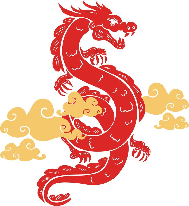 a red and yellow dragon with clouds in the background