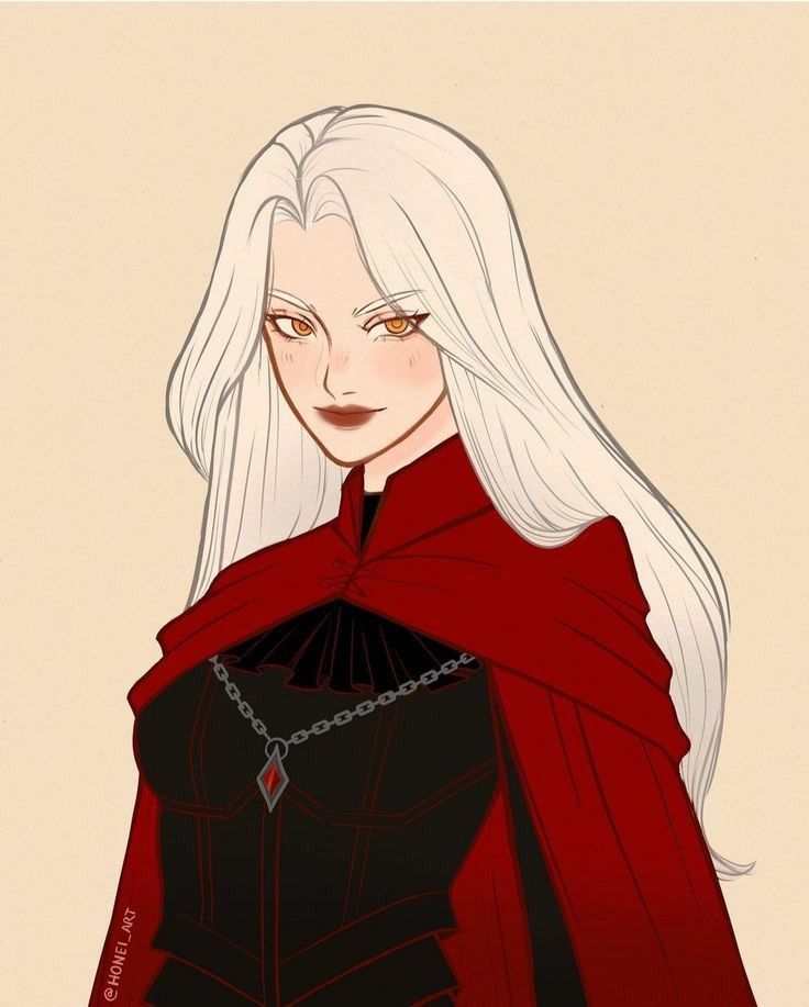 a woman with white hair wearing a red cape