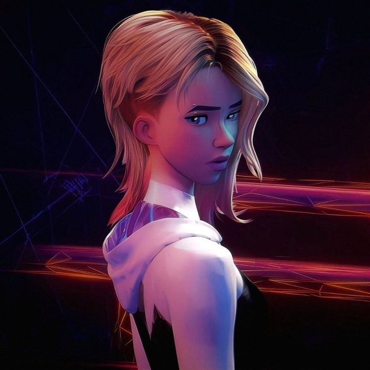 a woman with blonde hair standing in front of a neon background and looking at the camera