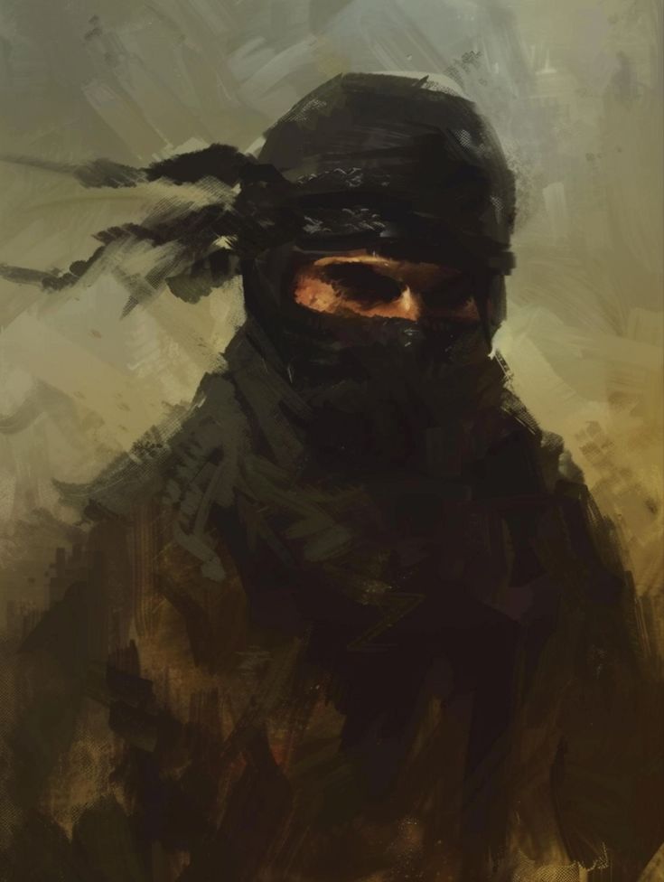 a digital painting of a man wearing a black mask and feathered headdress