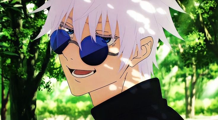 an anime character with white hair and blue eyes smiles at the camera while standing in front of trees