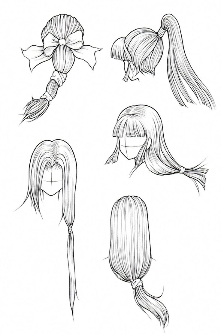 four different hairs and ponytails drawn in pencil