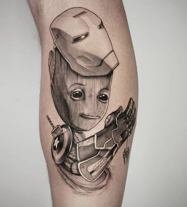 a tattoo on the leg of a person wearing a helmet