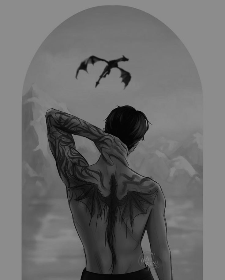 a man with tattoos standing in front of a bird flying over his shoulder and back