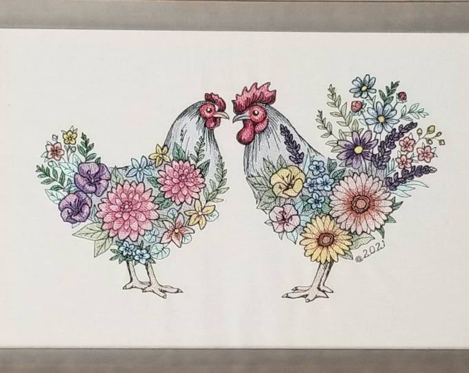 two chickens with flowers in their beaks are standing next to each other