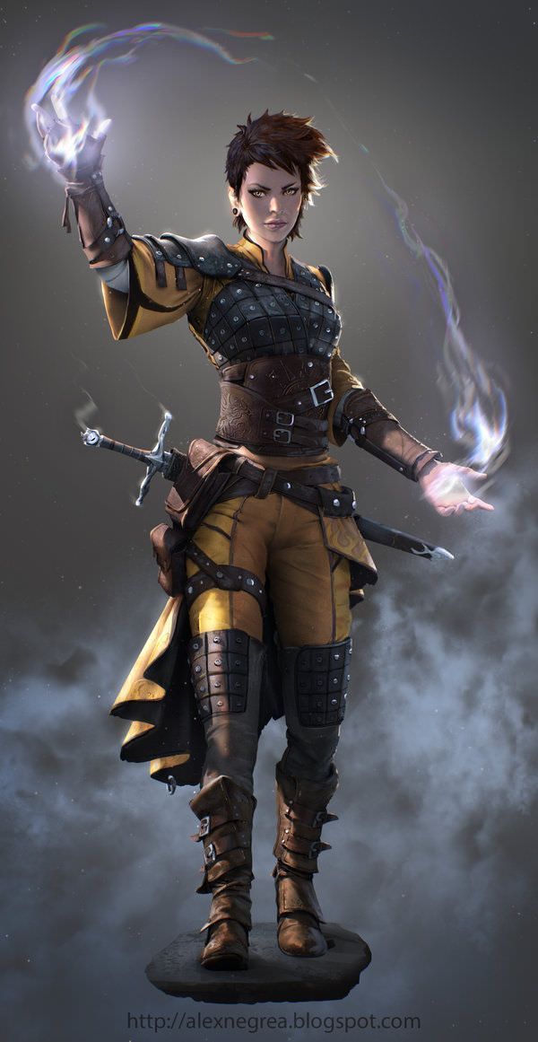 a woman in armor holding two swords and wearing large, black gloves with flames coming out of her hands