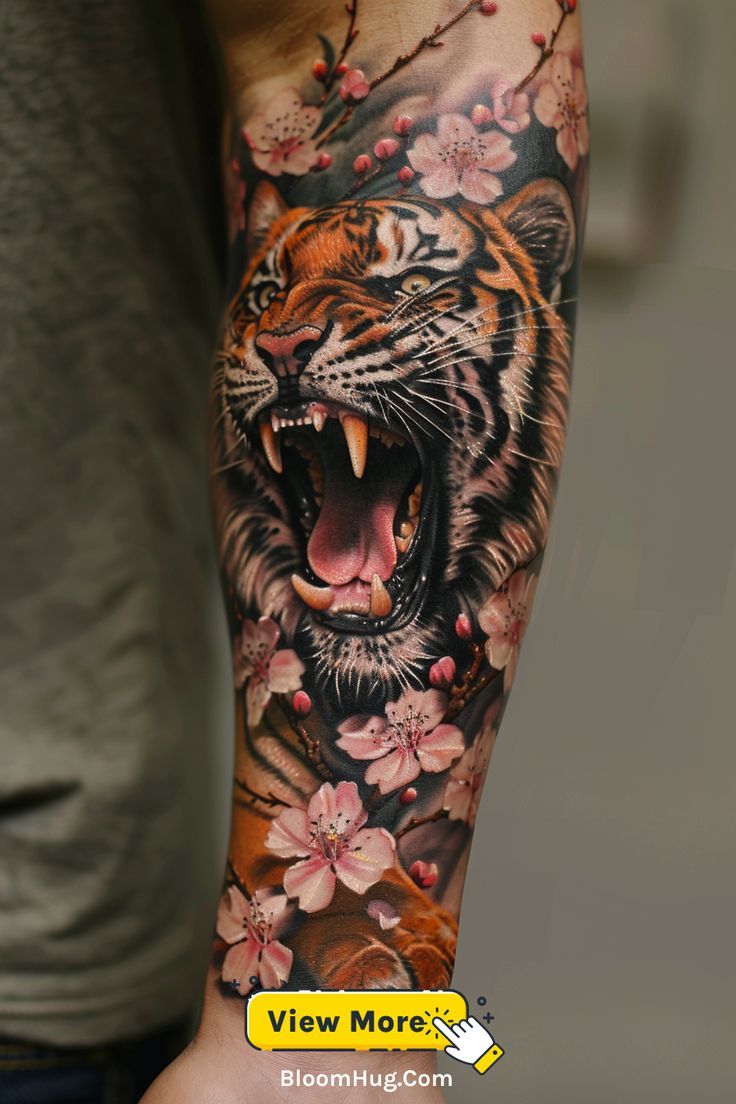 A roaring tiger arm tattoo with cherry blossoms, symbolizing courage and natural beauty. Cherry Blossom Arm Tattoo, Tiger Arm Tattoo, Tiger Tattoo For Men, Tattoo For Men Ideas, Mens Tiger Tattoo, Tiger Tattoos, Half Sleeve Tattoos Drawings, Full Sleeve Tattoos, Tiger Tattoo