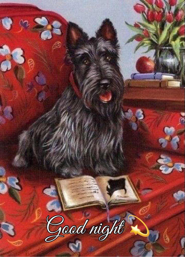 a painting of a dog sitting on a red chair with an open book in front of it