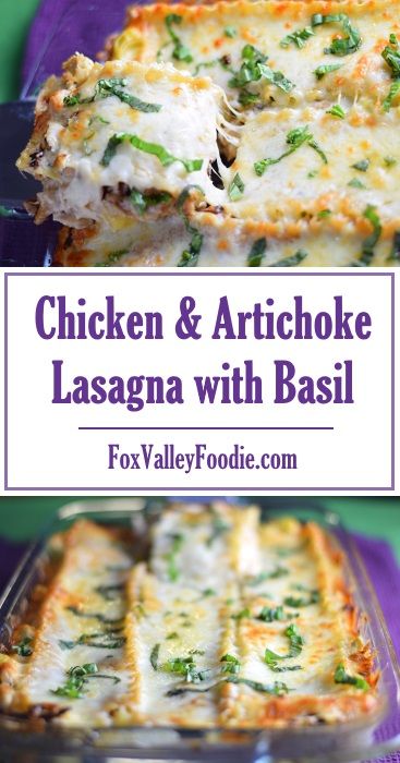 chicken and artichoke lasagna with basil in a casserole dish