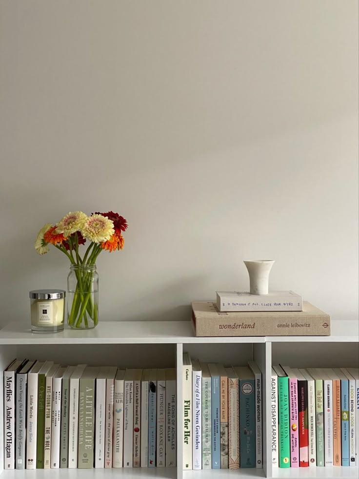 a vase with flowers sitting on top of a book shelf