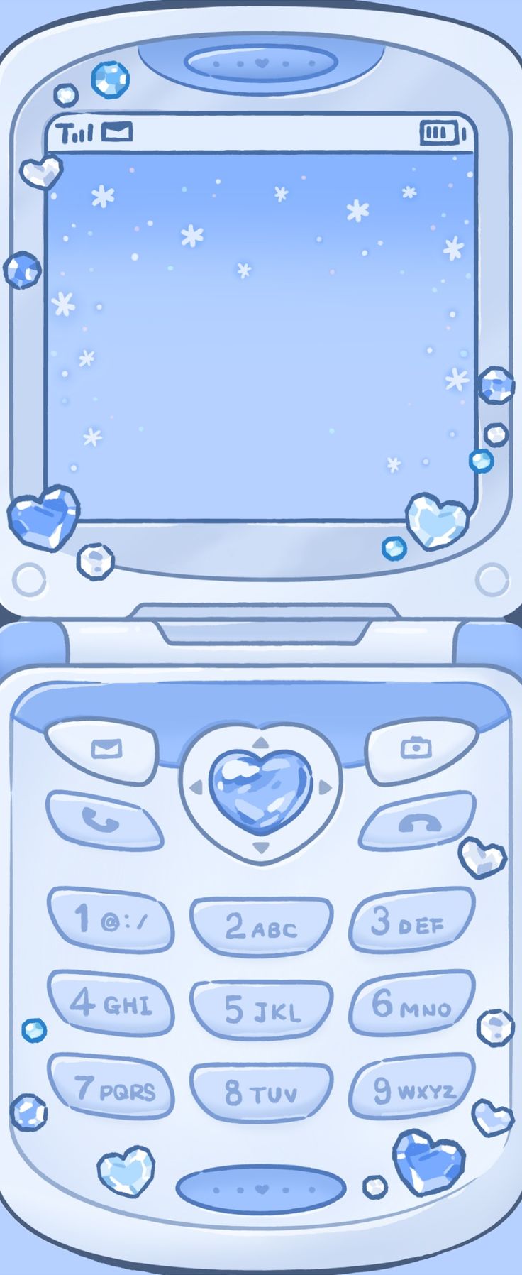 an image of a cell phone with hearts and bubbles on the display screen in blue