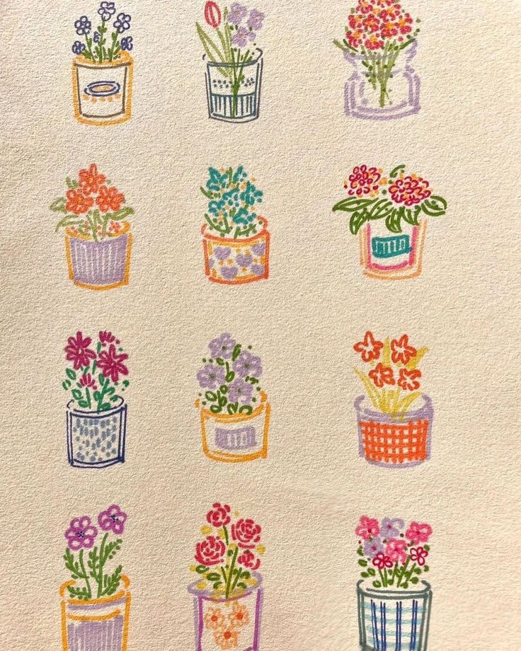 an image of flowers in pots drawn on paper