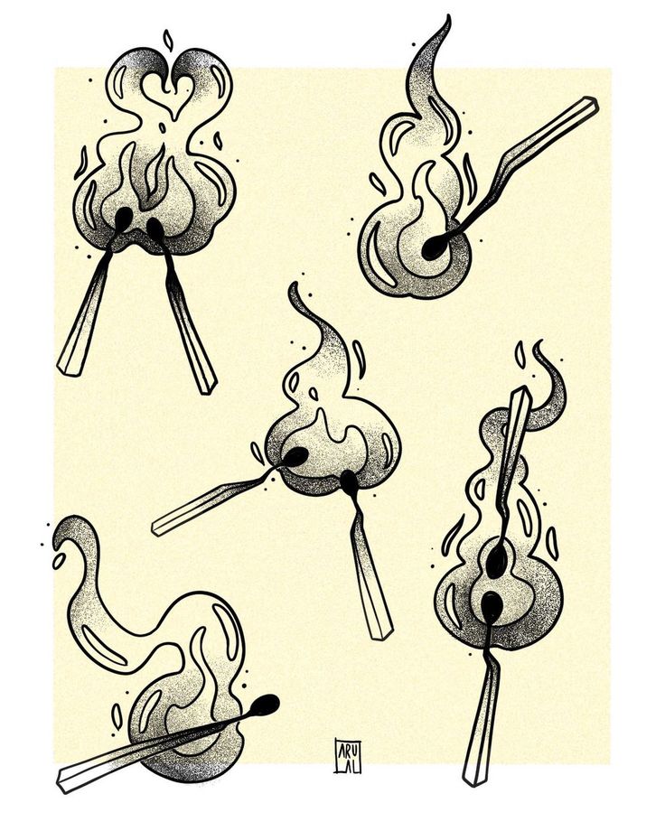 an ink drawing of different types of cooking utensils and spoons with flames coming out of them