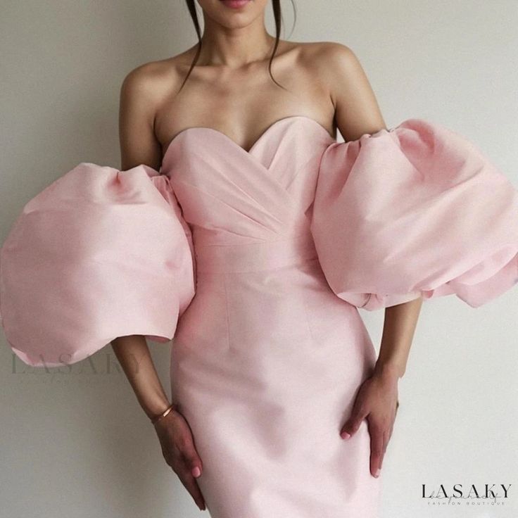 Lasaky - Sensual Off-Shoulder Bodycon Dress with Lantern Sleeves and Bustier Bodice Tailored Skirt, Ruched Skirt, Satin Midi Dress, Pompadour, Puffed Sleeves Dress, Pencil Dress, Lantern Sleeves, Bandage Dress, Chic Dress