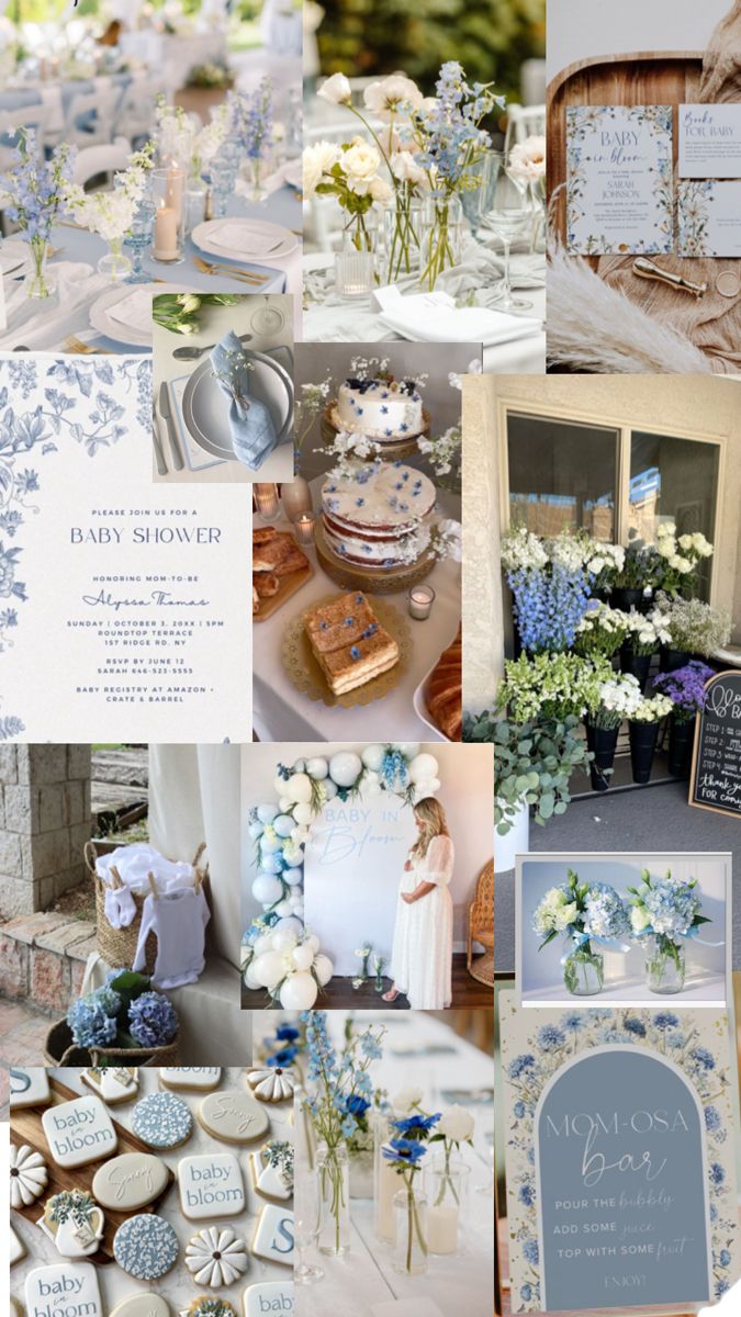 a collage of photos with blue and white flowers, cookies, wedding decorations, and other items