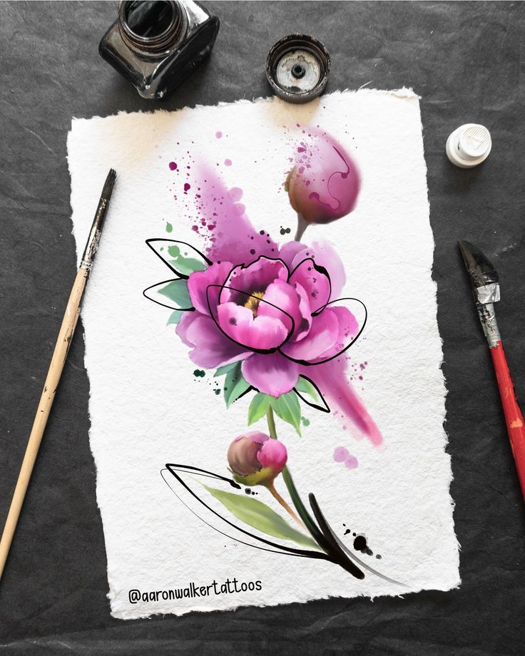 a watercolor painting of pink flowers on white paper with paintbrushes next to it