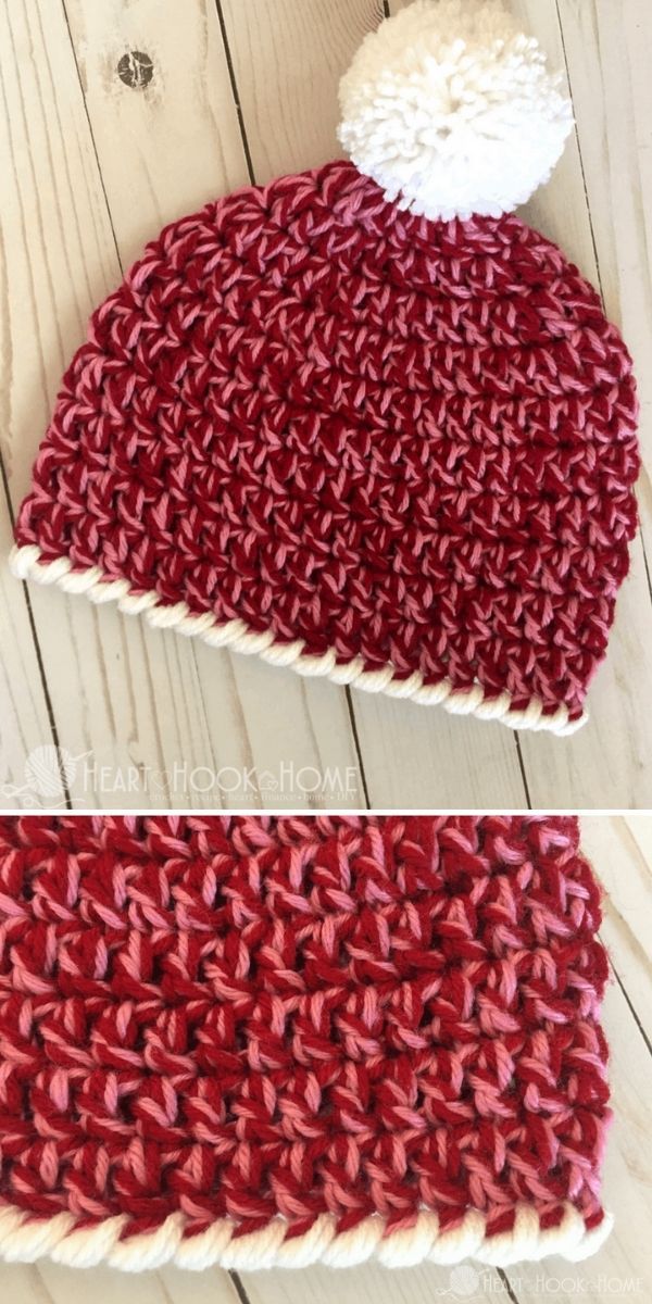 crocheted beanie with pom - pom in red and white yarn