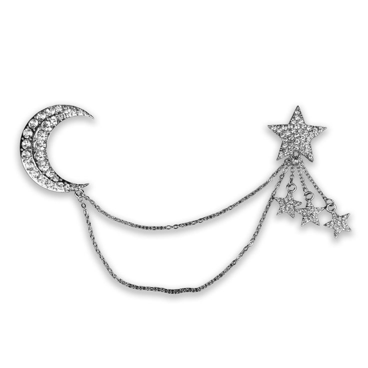 Silver-tone vintage style chatelaine brooch with rhinestone stars and moon. Moon height: 1.5"Stars height: 2" Vintage Silver Jewelry With Star Charm, Elegant Star-shaped Brooch, Elegant Star-shaped Jewelry Brooch, Elegant Star-shaped Brooch Jewelry, Celestial Brooch Jewelry As Gift, Celestial Brooch Jewelry As A Gift, Celestial Style Brooch Jewelry As Gift, Silver Star-shaped Brooch, Moon Brooch