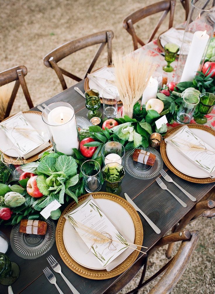 the table is set with plates and place settings