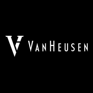 the van heusen logo is shown in black and white on a dark background