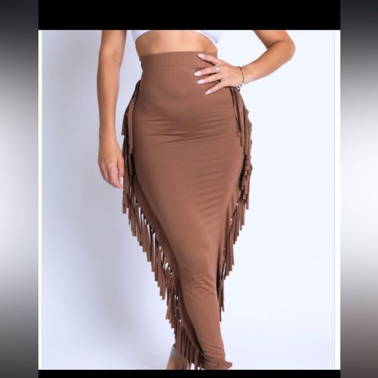 New Brown Fringe Skirt, Stretchy Trendy Fringe Skirt, High Waist Fringe Skirt For Spring, Spring Fringe Skirt Bottoms, Spring Stretch Brown Skirt, Fitted Casual Skirt With Fringe, Casual Fitted Skirt With Fringe, Casual Fitted Fringe Skirt, Fall Pencil Skirt With Fringe, Fringe Maxi Skirt