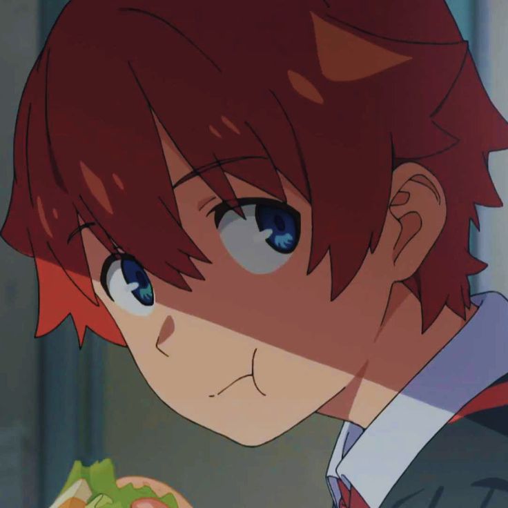 an anime character with red hair and blue eyes is holding a sandwich in his hand