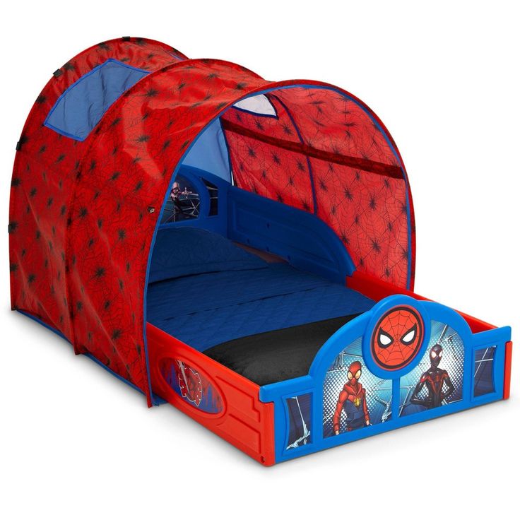 a spiderman tent bed with the door open