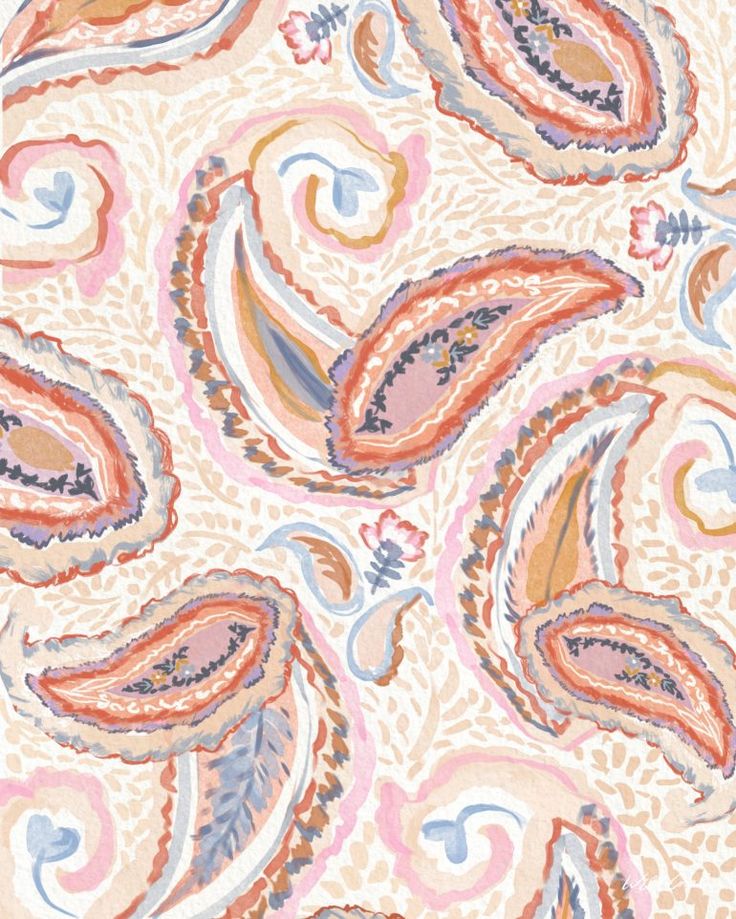 an image of a colorful paisley pattern on a white background with pink, blue and orange colors