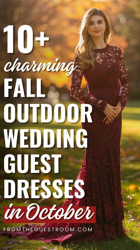 a woman in a red dress with the words 10 + charming fall outdoor wedding guest dresses in