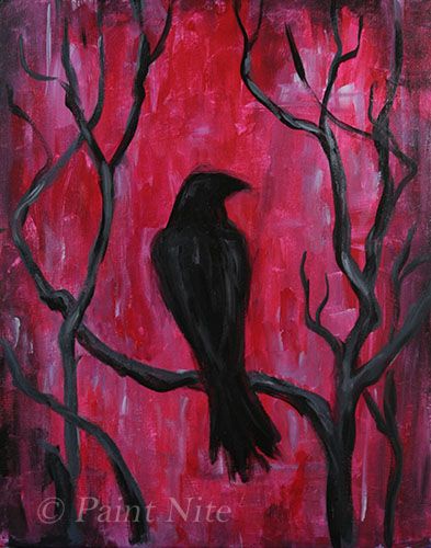 a painting of a black bird perched on a tree branch in front of a red background