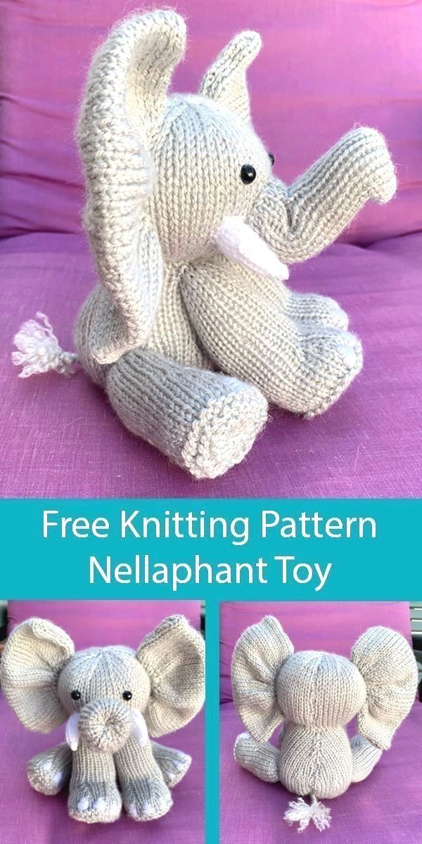 an elephant stuffed animal sitting on top of a purple bed with the caption free knitting pattern