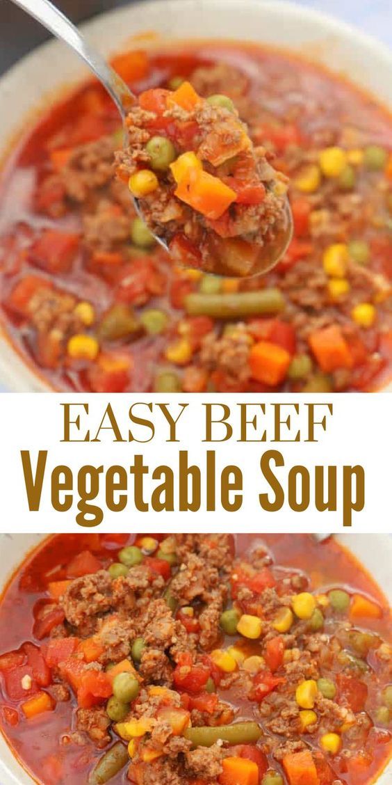 easy beef vegetable soup in a white bowl with a spoon