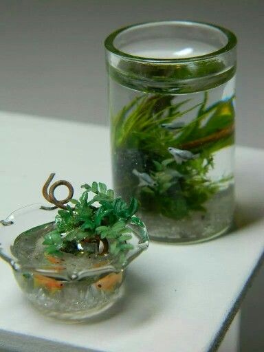 two glass vases filled with plants on top of a white table next to each other