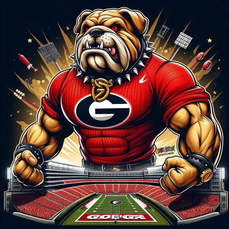 an image of a bulldog mascot on a football field with stadium lights in the background