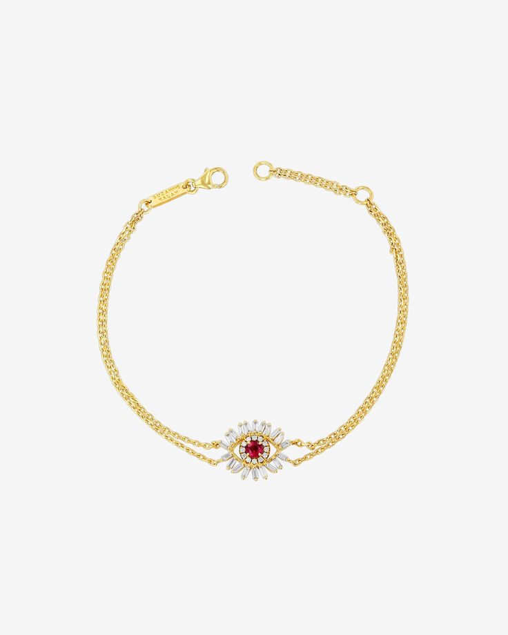 Handcrafted from 18K gold, this bracelet from our Evil Eye Collection is a contemporary interpretation of the ancient symbol. Featuring a 3mm round ruby center stone for the eye, it is beautifully encircled by a combination of baguette and round white diamonds. Details 18k yellow gold or rose gold 3mm round ruby center, 0.18 carats 0.21 carats of baguette and round white diamonds Bracelet length 7 inches and can be adjusted to 6.25 inches 13x12mm dimensions Ref: AB122 Luxury Red Baguette Diamond Jewelry, Elegant Yellow Gold Evil Eye Bracelet, Ruby Jewelry With Baguette Diamonds As Gift, Elegant Gold Evil Eye Bracelet With Cubic Zirconia, Luxury Diamond Jewelry With Evil Eye Detail, Elegant Beaded Evil Eye Bracelet, Elegant Evil Eye Bracelet, Elegant Round Evil Eye Jewelry, Elegant Evil Eye Jewelry