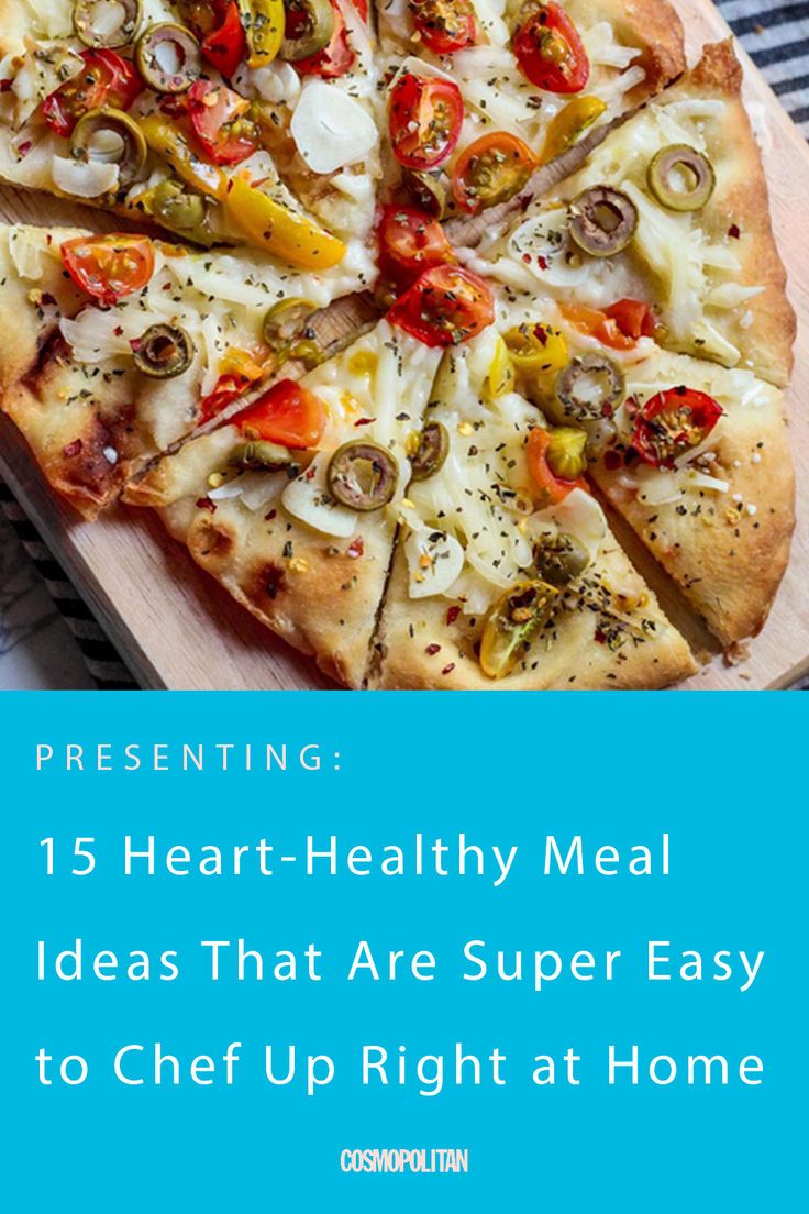 a pizza sitting on top of a wooden cutting board with the words, 15 heart - healthy meal ideas that are super easy to chef up right at home