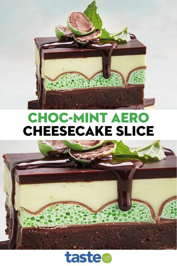 chocolate mint aero cheesecake slice is stacked on top of each other