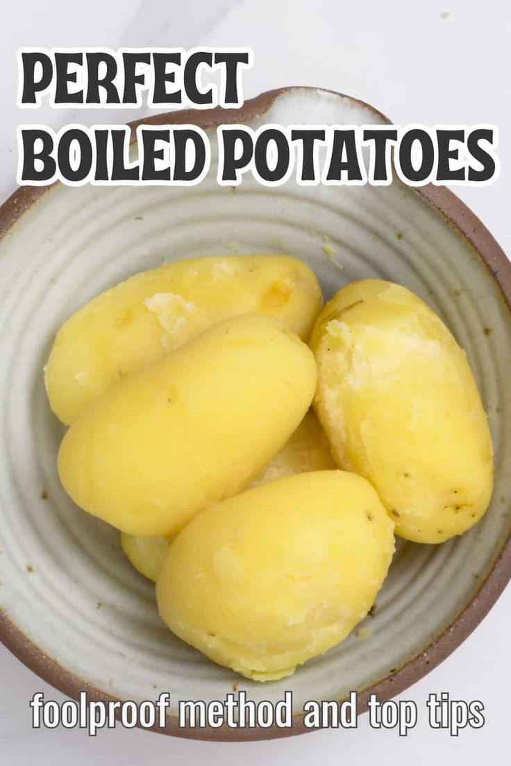 three peeled potatoes in a bowl with text overlay that reads perfect boiled potatoes foolproof method and top tips