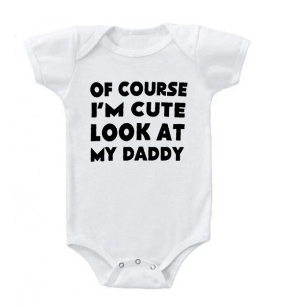 Alright daddies, show them all who your little one gets their cuteness from with this onesie! Includes: Onesie Material: Cotton BlendGender: Boys & GirlsSleeve Length: ShortClosure Type: Covered ButtonPattern Type: LettersCollar: O-NeckSummary: Newborn Baby Toddler Boys Girls Short Sleeve Of Course I'm Cute Look at My Daddy Funny Baby Onesie Onesie Ideas For Grandparents, Onesie Ideas, Cute Onesie, Mommy And Me Dresses, Newborn Boy Clothes, Newborn Onesies, Funny Baby Onesies, Boy Onesie, Funny Mom Shirts