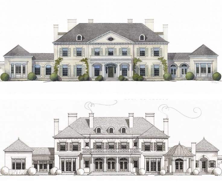 two views of the front and side of a large house