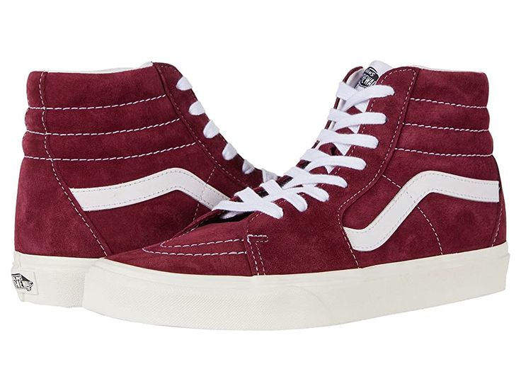 Vans SK8-Hi - Skate Shoes : (Pig Suede) Pomegranate/Snow White : Keep it old school every step of the way with the classic Vans SK8-Hi skateboard shoes! High-top skate shoes with a classic silhouette and Sidestrap detail. Uppers of suede, leather, or canvas. Cotton drill lining. Padded collar for added comfort and support. Triple-stitch collar adorns collar. Die-cut EVA insert. Vulcanized construction: • Slimmed-down profile offers a flexible feel. • Gum rubber outsole with signature waffle trea Classic Lace-up High-top Sneakers For Skateboarding, High-top Suede Skate Shoes With Laces, High-top Suede Skate Shoes With Branded Insole, High-top Suede Skate Shoes With Rubber Sole, Vans High-top Skateboarding Sneakers With Gum Sole, Retro Suede Skate Shoes For Streetwear, High-top Suede Sneakers For Skateboarding, Retro Skate Shoes For Skateboarding, High-top Suede Skate Shoes With Gum Sole