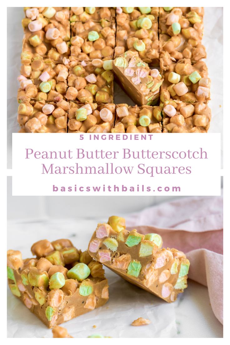 peanut butter butterscotch marshmallow squares are stacked on top of each other