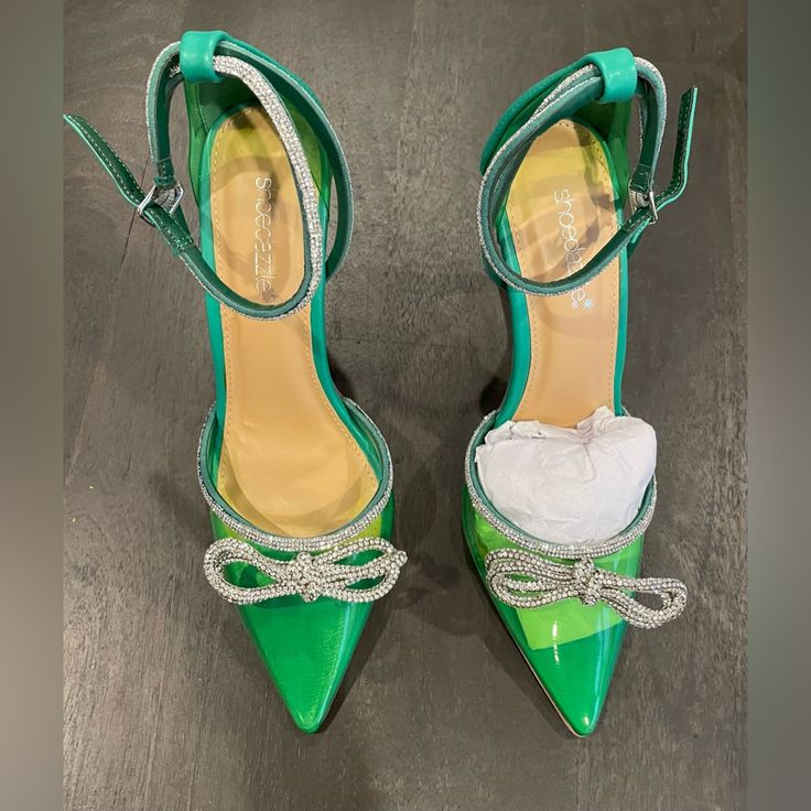 These Heels Are Gorgeous On A Show Stopper, The Heel Is 3.5 Inches In Height And The Green Is A Vibrant Green And The Rhinestones Looks So Sparkly And Beautiful. Green Rhinestone Heels For Wedding, Green Rhinestone Wedding Heels, Formal Patent Leather Heels With Rhinestones, Green Rhinestone Party Heels, Party Heels With Rhinestones In Patent Leather, Formal Green Heels With Rhinestones, Glamorous Green Heels With Rhinestones, Green Patent Leather Party Heels, Green Patent Leather Heels For Party