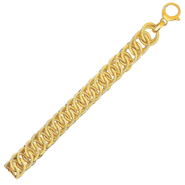 A bold variation of a classic link bracelet, the large gold links of this bracelet are smooth and textured on the other, making one side shine and the other glitter dramatically. Reversible bracelet is 7 3/4 inches long, 12 mm wide, and closes with a lobster clasp. Woven Bracelets, Healing Jewelry, Gems And Minerals, Online Gifts, Metal Stamping, Luxury Jewelry, Link Bracelets, Online Jewelry, Jewellery And Watches