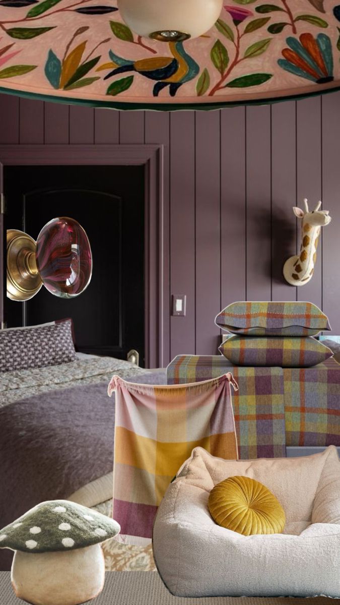 a bedroom with purple walls and colorful furniture in the corner, including a chair that has a yellow ball hanging from it's back end