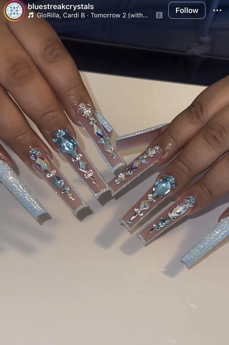 Xxl Birthday Nails, Long Nail Inspo Baddie Summer, Summer Birthday Nail Ideas, Long Nail Designs Blue, Diamond Placement On Nails, Extra Bling Nails, Birthday Nails Extra, Blue Rhinestone Nails, Bling Birthday Nails