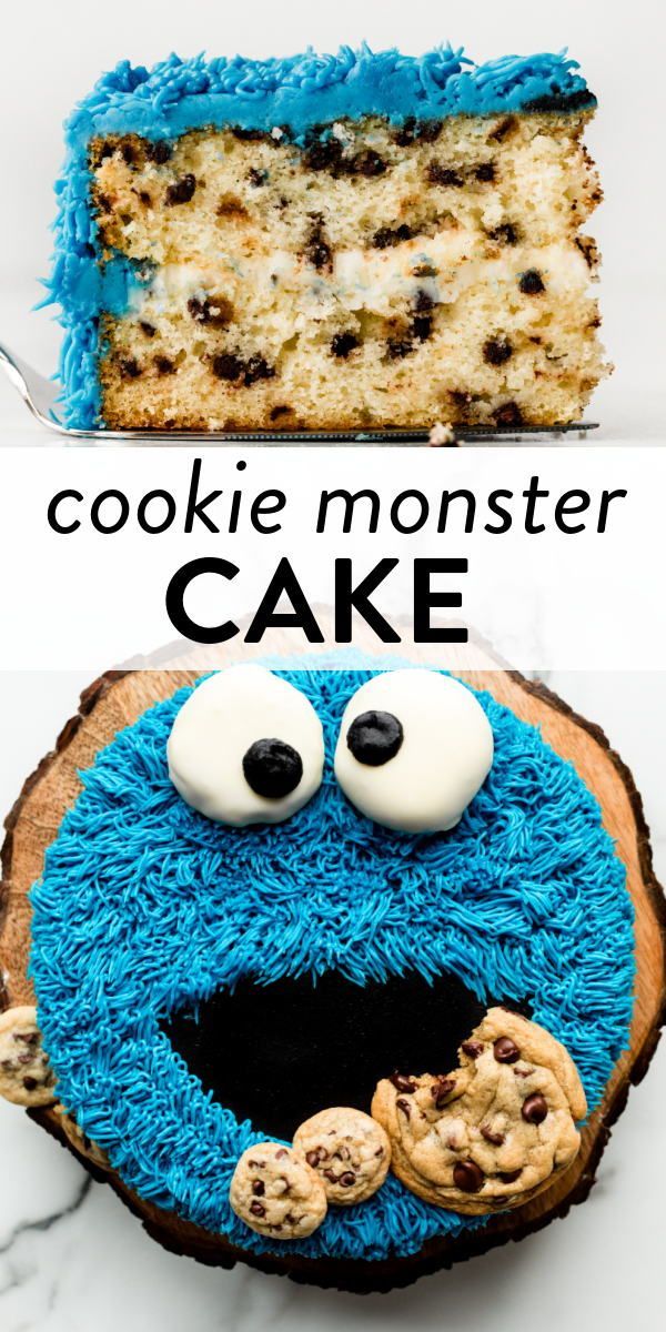 a cookie monster cake with blue frosting and cookies on top