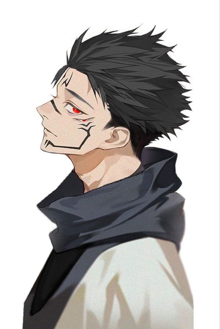 an anime character with black hair and red eyes